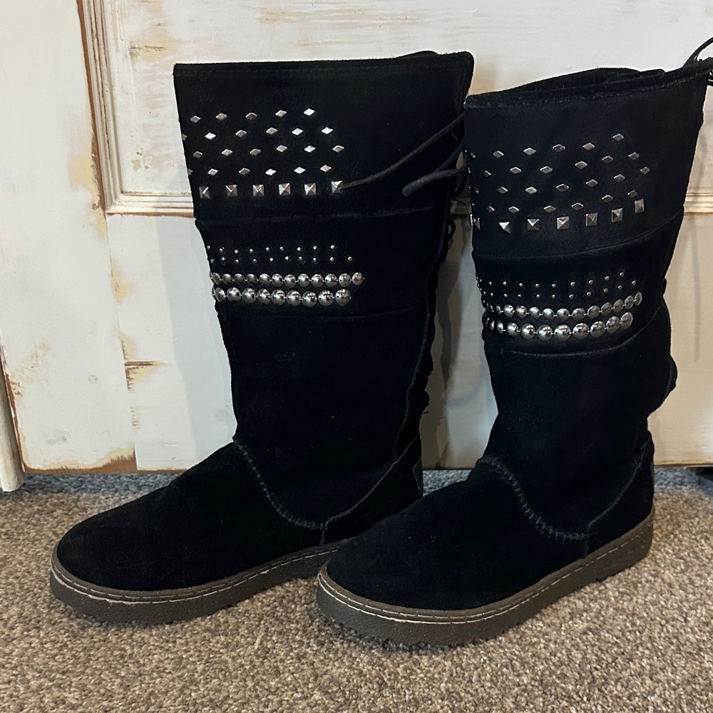 BearPaw Black Suede Mid-Calf Studded Boots